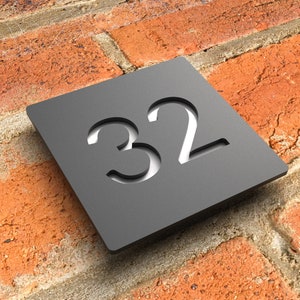 Modern floating house number sign, Custom matt black acrylic house numbers, Bespoke house address numbers plaque Hollow Design image 1