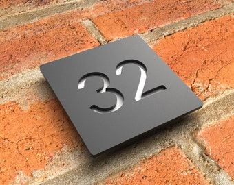 Modern floating house number sign, Custom matt black acrylic house numbers, Bespoke house address numbers plaque - Hollow Design