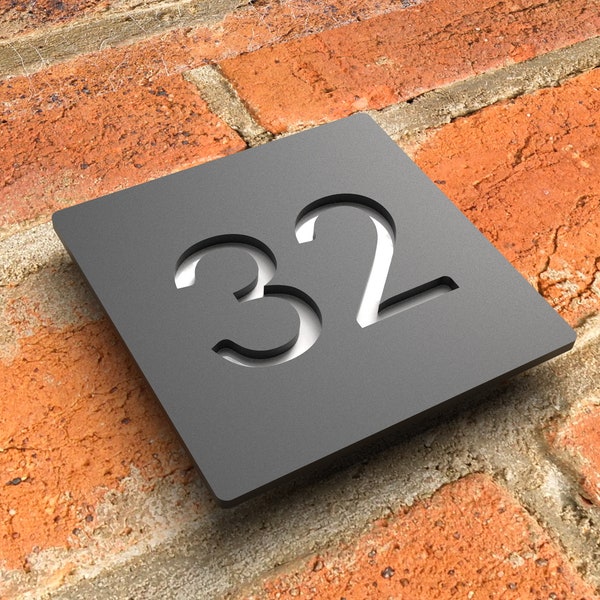 Modern floating house number sign, Custom matt black acrylic house numbers, Bespoke house address numbers plaque - Hollow Design