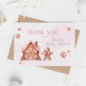 Carte de remerciement pour baby shower, pain d'épice rose, modèle de toile éditable, fille de baby shower de Noël, baby shower d'hiver