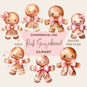 Pink Christmas Gingerbread Clipart, Holiday Treats Clip Art, Festive Gingerbread Girl, Watercolour, Commercial Use, Digital Download
