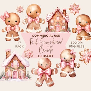 Clipart di pan di zenzero di Natale rosa, clipart di dolcetti natalizi, casa di pan di zenzero festosa, acquerello, uso commerciale, download digitale