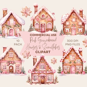 Pink Christmas Gingerbread Clipart, Holiday Treats Clip Art, Festive Gingerbread House, Watercolour, Commercial Use, Digital Download
