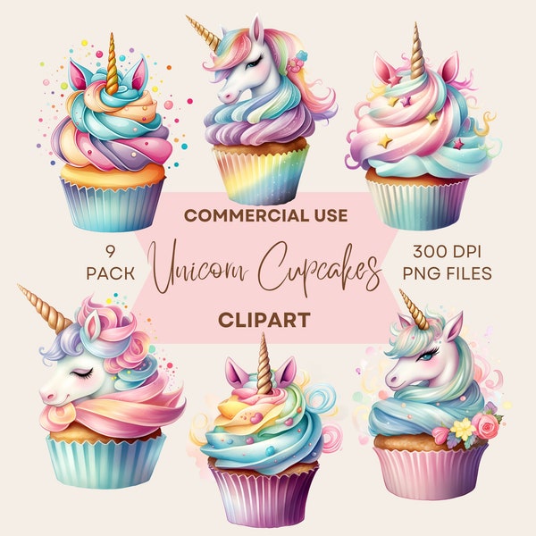 Unicorn Cupcake Clipart, Rainbow Cakes Clip Art, Birthday Cupcakes, Watercolour, Desserts, Commercial Use, Digital Download