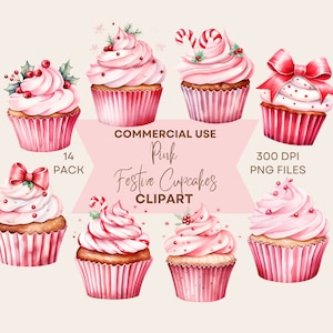 Pink Christmas Cupcakes Clipart, Holiday Treats Clip Art, Festive Cupcakes, Watercolour Clipart, Commercial Use, Digital Download