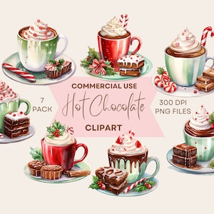 Christmas Hot Chocolate Clipart, Hot Cocoa PNG, Festive Cakes Clip Art, Commercial Use, Watercolour Clipart, Winter, Sweet Treats, Brownie
