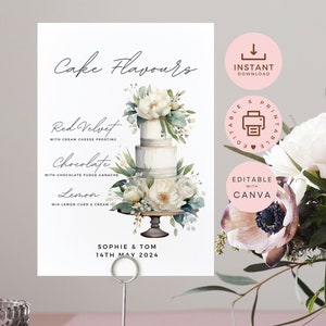 Hochzeitstorte Menü druckbar, Kuchen Geschmacksrichtungen Zeichen, bearbeitbare Canva Vorlage, minimalistische Dessert Tischbeschilderung, Kuchentabelle, sofortiger Download