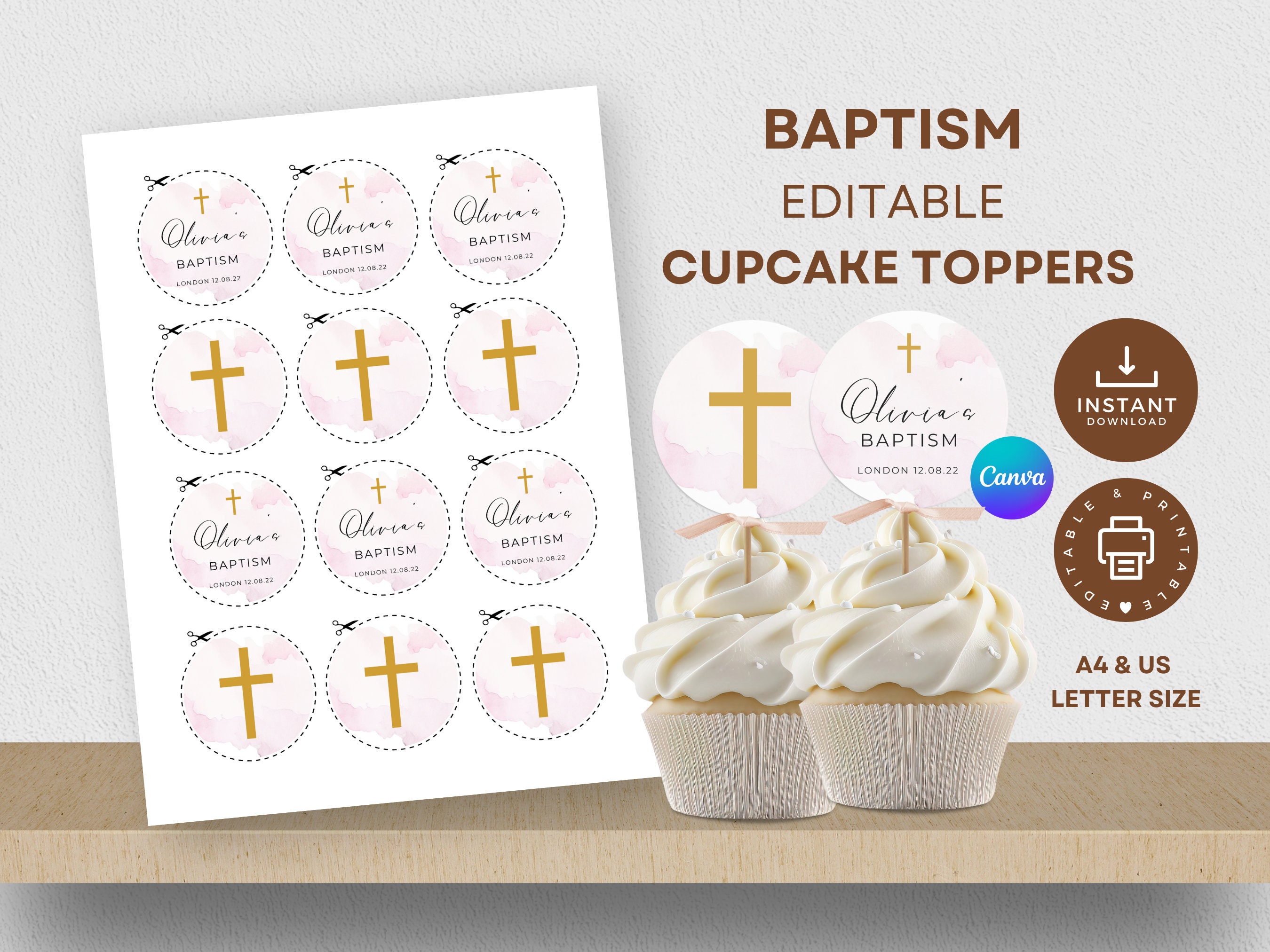 Baptism Cupcake Toppers Printable, Editable Canva Template, Pink ...