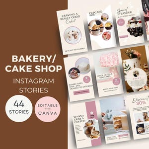 Bakery Instagram Stories Templates, Cake Shop Social Media Marketing, Editable Canva Template, Coffee Bake Shop, Pink Bakery Branding,