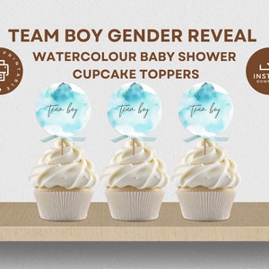 Gender Reveal Cupcake Toppers Printable, Team Boy, Blue Watercolour, Boy Baby Shower Cake Toppers, Baby Shower Decorations, Instant Download