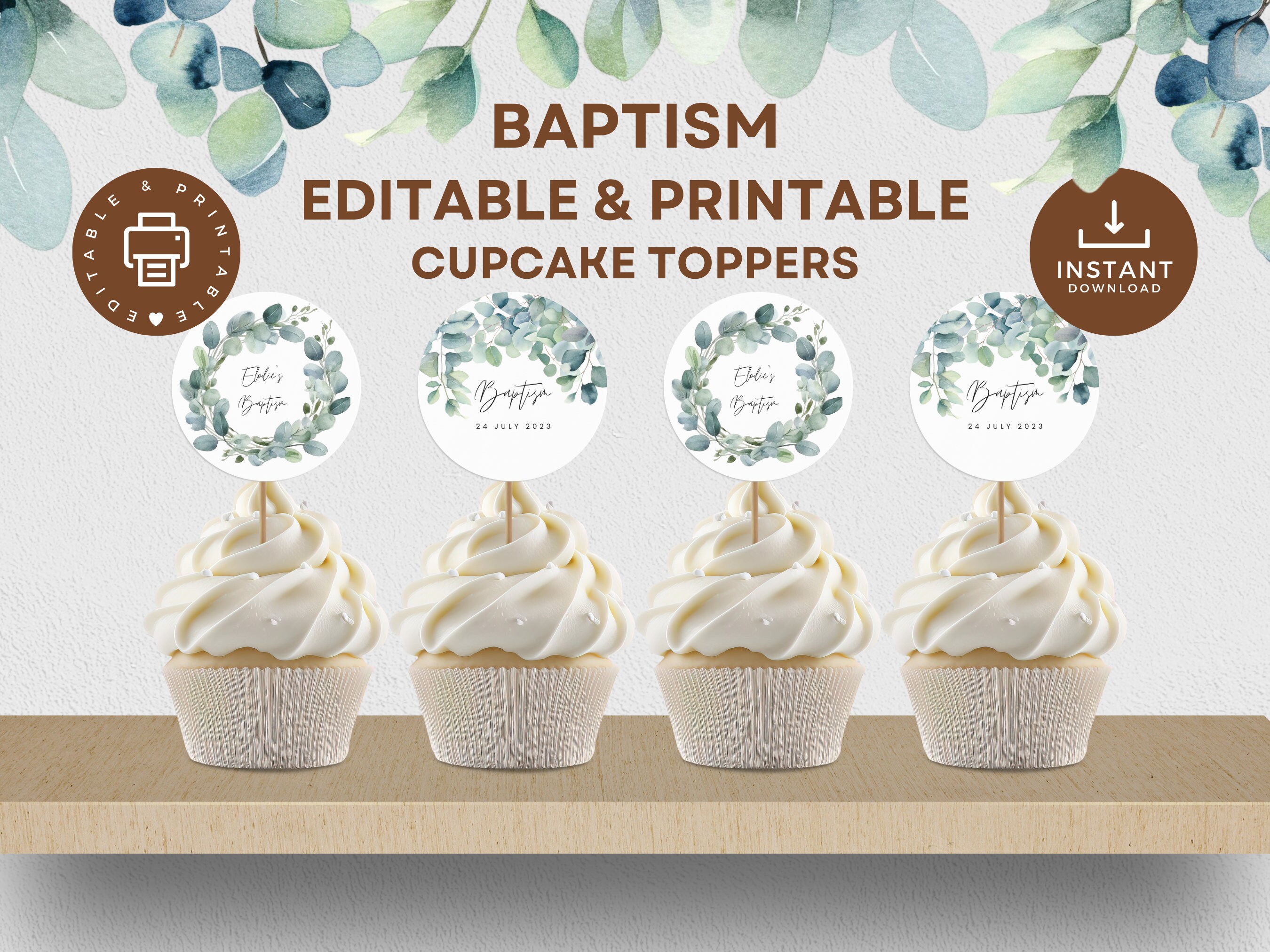Baptism Cupcake Toppers Printable, Editable Canva Template, Greenery ...