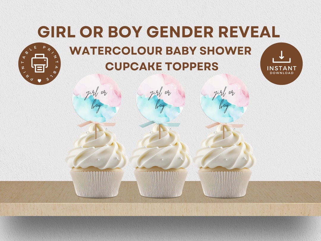 Gender Reveal Cupcake Toppers Printable, Girl or Boy, Watercolour Pink ...