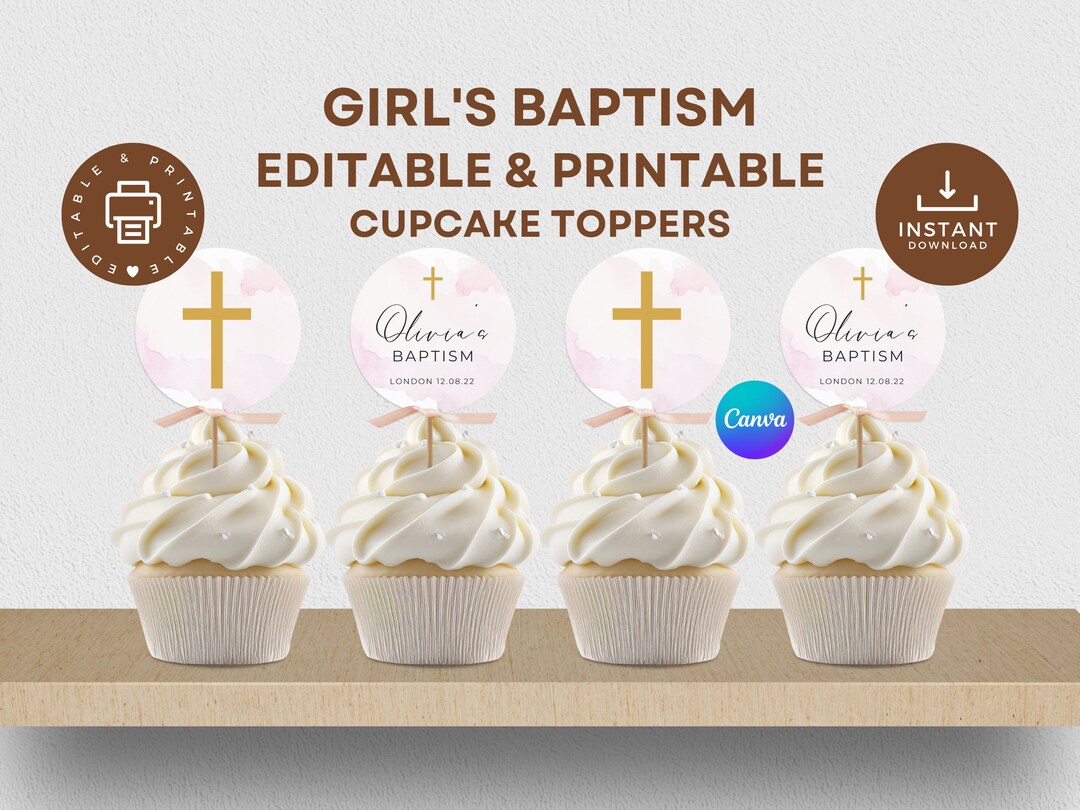 Baptism Cupcake Toppers Printable, Editable Canva Template, Pink ...