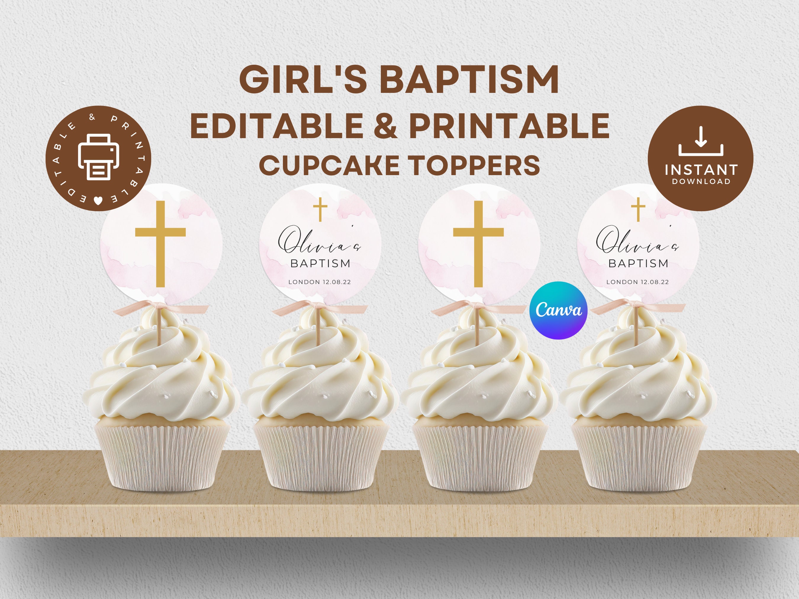 Baptism Cupcake Toppers Printable, Editable Canva Template, Pink ...