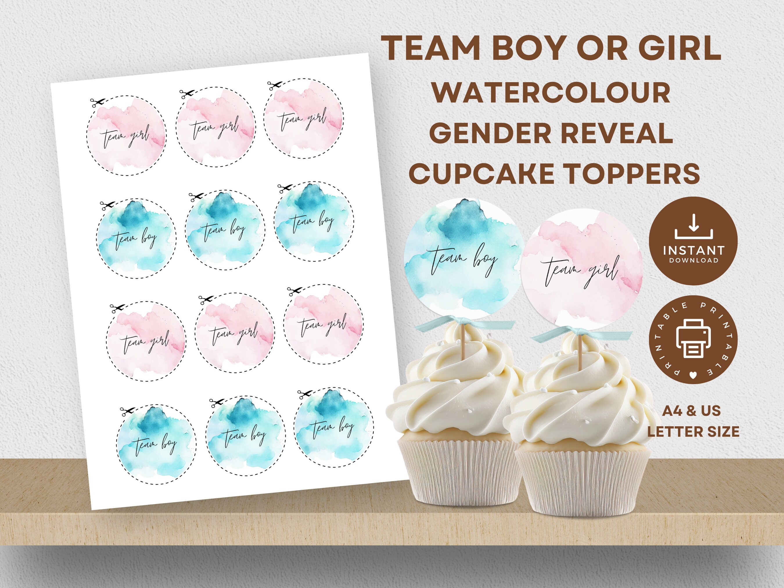 Gender Reveal Cupcake Toppers Printable, Team Boy or Team Girl ...