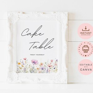Druckbare Kuchen Tischschild, Hochzeitstorte Schilder, bearbeitbare Canva Vorlage, Wildblumen, Dessert Tischbeschilderung, Kuchenkarte, Sofort Download