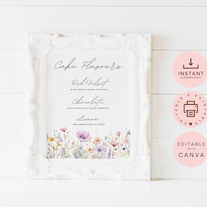 Kuchen Geschmacksrichtungen Schild zum Ausdrucken, Hochzeitstorte Menü, bearbeitbare Canva Vorlage, Wildblumen, Dessert Tisch Beschilderung, Kuchen Tabelle, sofort Download