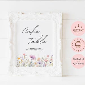 Hochzeitstorte Zeichen zum ausdrucken, Dessert Tisch Beschilderung, bearbeitbare Canva Vorlage, Wildblumen, Hochzeitstorte Menü, Sofort Download