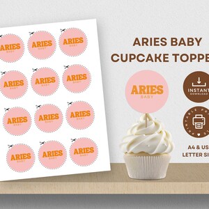 Aries Baby Cupcake Toppers, Horoscope Birthday Party Decor, Star Sign, Printable Zodiac Cake Toppers, Bright Retro, Instant Download,