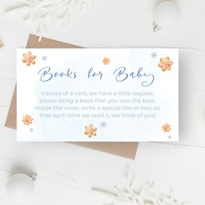 Livres pour carte de bébé, pain d'épice bleu, modèle de toile modifiable, baby shower de Noël pour garçon, bibliothèque de bébé, apporter une carte de livre, flocons de neige