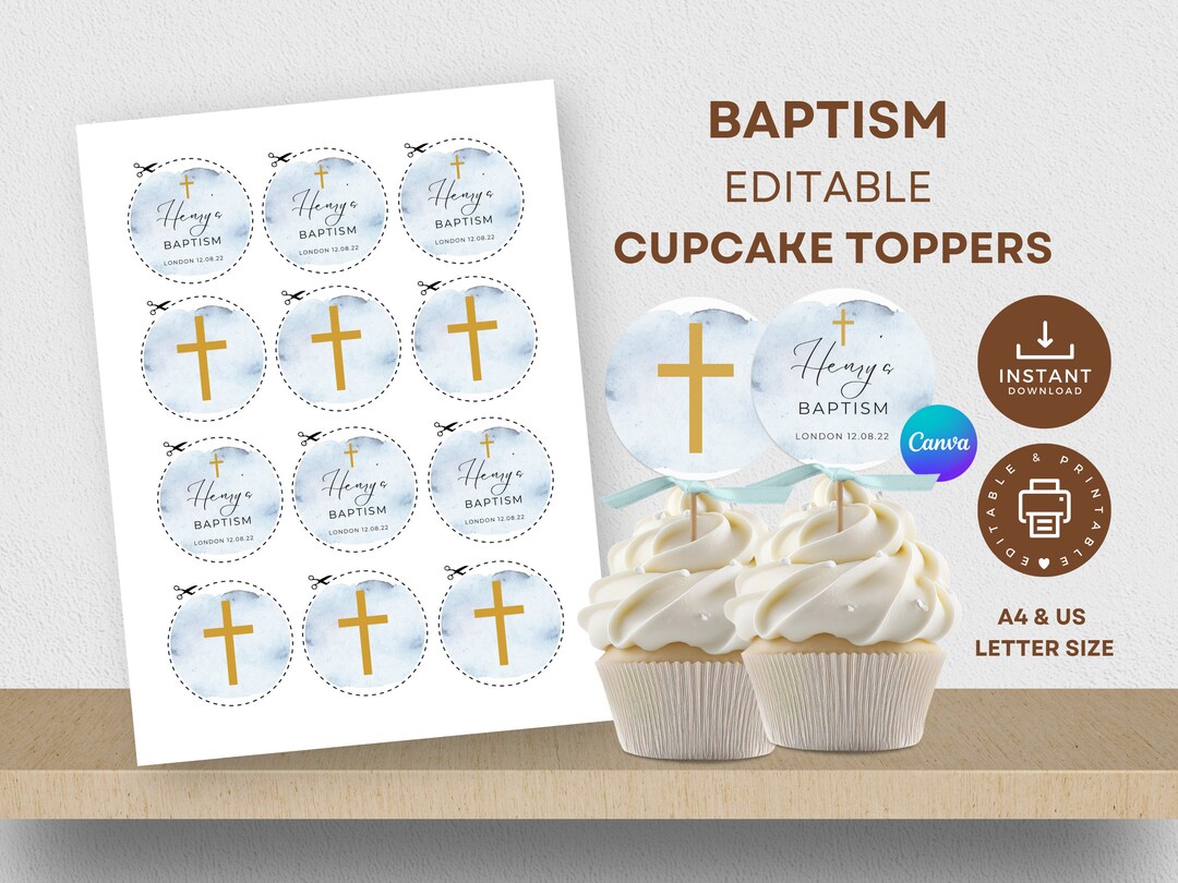 Baptism Cupcake Toppers Printable, Editable Canva Template, Blue
