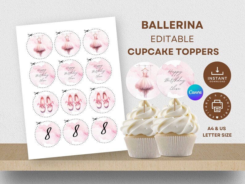 Ballerina Cupcake Toppers Printable, Editable Cake Toppers, Ballet