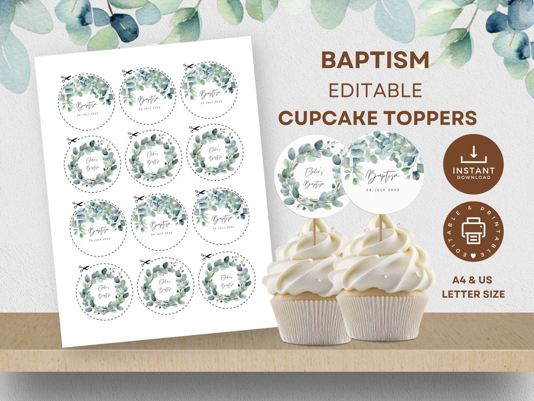 Baptism Cupcake Toppers Printable, Editable Canva Template, Greenery ...