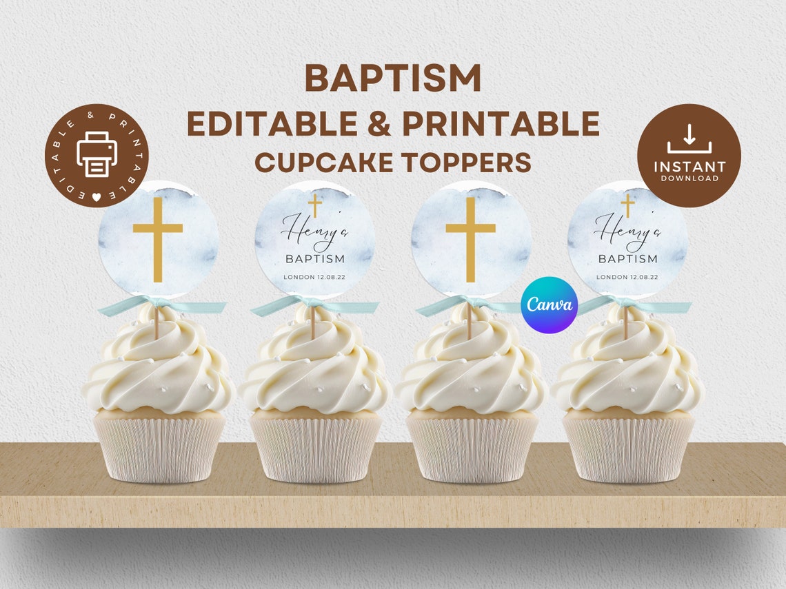 Baptism Cupcake Toppers Printable, Editable Canva Template, Blue ...
