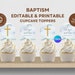 Baptism Cupcake Toppers Printable, Editable Canva Template, Blue ...