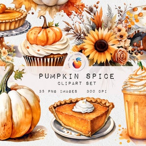 Watercolor Fall Clipart | Pumpkin Spice | Autumn | Instant Download |  35 PNG Files | Commercial Use | Transparent Background