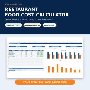 Restaurant Food Cost Calculator Excel Template | Recipe Costing & Menu Pricing Spreadsheet | Profit Dashboard