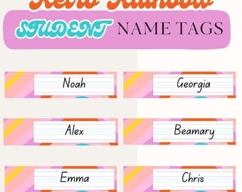 Retro Rainbow Student Name Tags, Editable Classroom Decor (PDF/Canva)