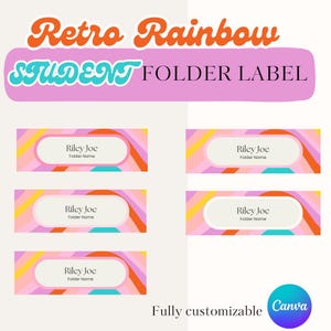 Puede incluir: Etiquetas de carpeta de estilo retro con un tema de arcoíris. Las etiquetas presentan un fondo rosa con rayas coloridas y un óvalo blanco para el nombre y el título de la carpeta. El texto "Retro Rainbow STUDENT FOLDER LABEL" está en la parte superior.