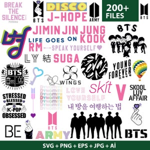 Op de afbeelding: Een verzameling kleurrijke digitale afbeeldingen met de Zuid-Koreaanse boyband BTS. De afbeeldingen bevatten logo's, namen van bandleden, songtitels en songteksten. De tekst "200+ Bestanden" is ook in de afbeelding opgenomen.