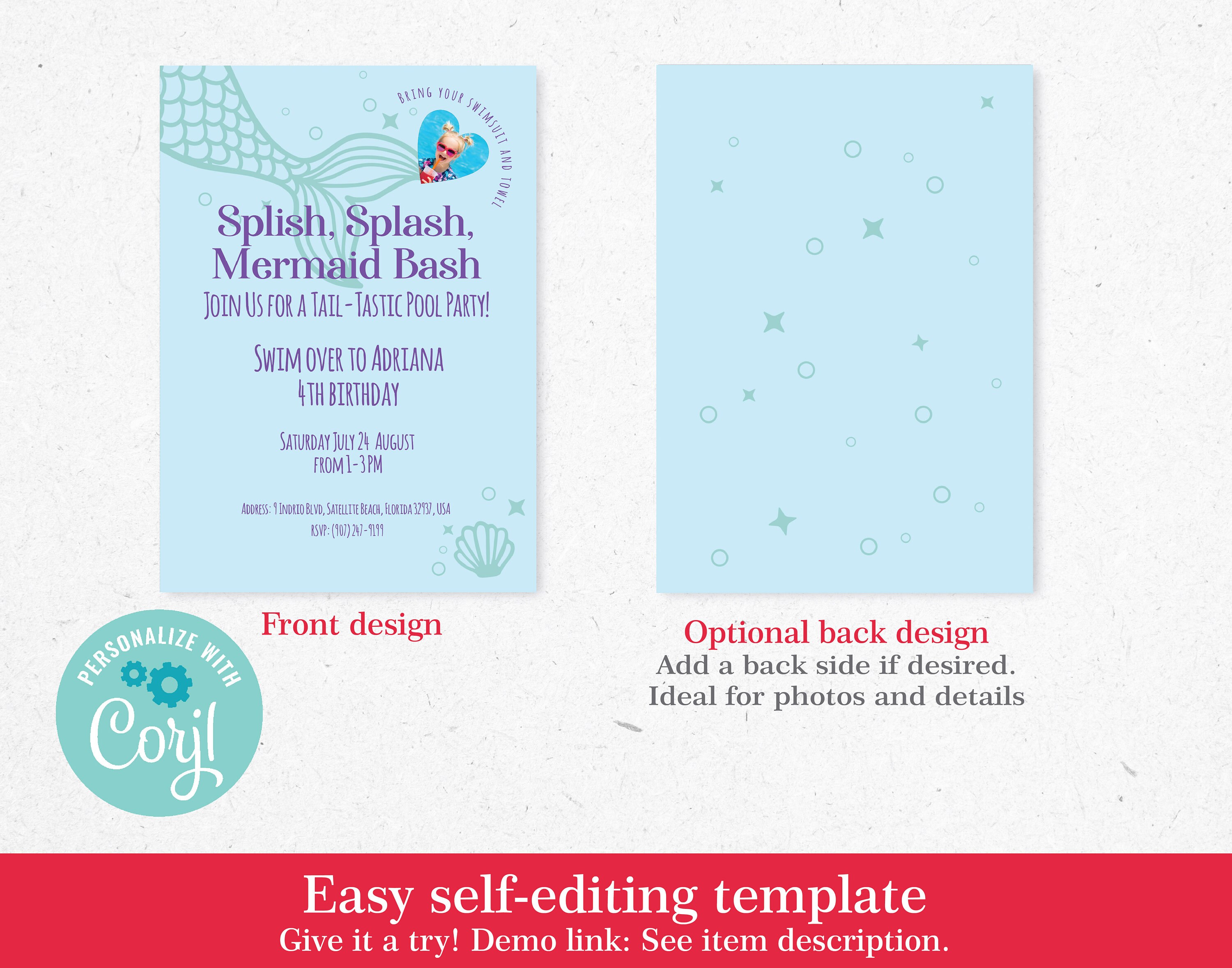 Editable Mermaid Pool Party Invitation, Minimalistic Invite Download ...
