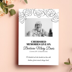 Rosas de tarjetas funerarias editables Descargar plantilla imprimible Corjl, Invitación a la celebración de la vida, Tarjetas funerarias personalizadas, Tarjeta de oración 1003