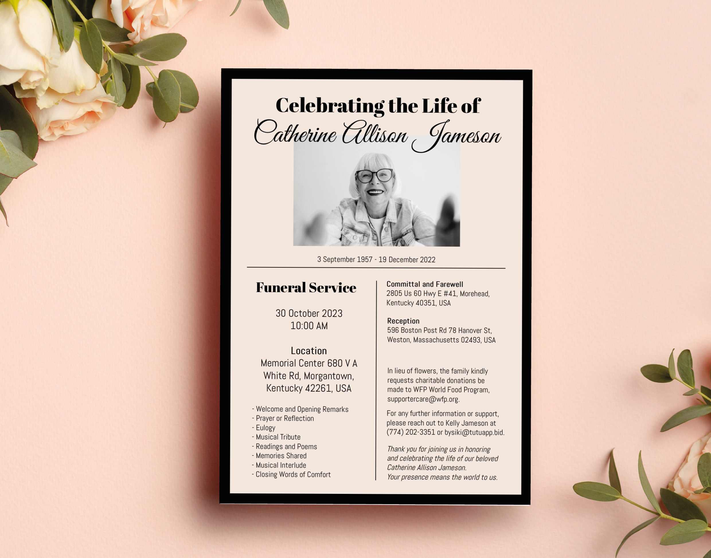 Editable Simple Funeral Program, Printable Template Corjl, Celebration ...