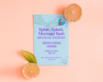 Editable Mermaid Pool Party Invitation, Minimalistic Invite Download, Modern Pool Party Invite, Printable Template Corjl 0001