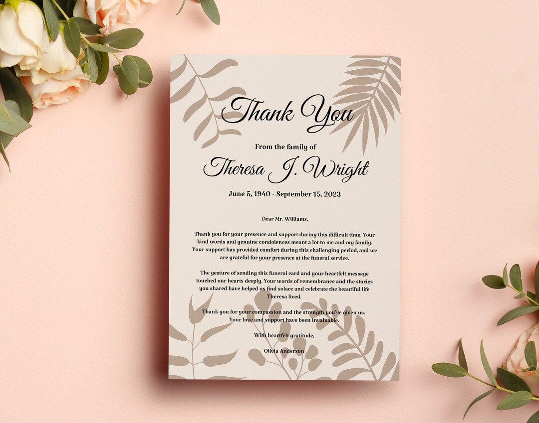 Editable Thank You Card Funeral Download Printable Template Corjl