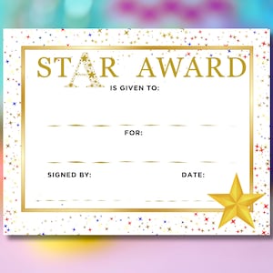 Prêmios para impressão, certificados de estrela de ouro, prêmio estrela, prêmio de conquista infantil, modelo de certificado de reconhecimento, tamanhos carta dos EUA e A4