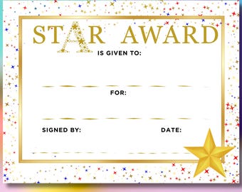Premi stampabili, certificati Gold Star, premio stella, premio per i risultati ottenuti dai bambini, modello di certificato di riconoscimento, formato lettera USA e A4