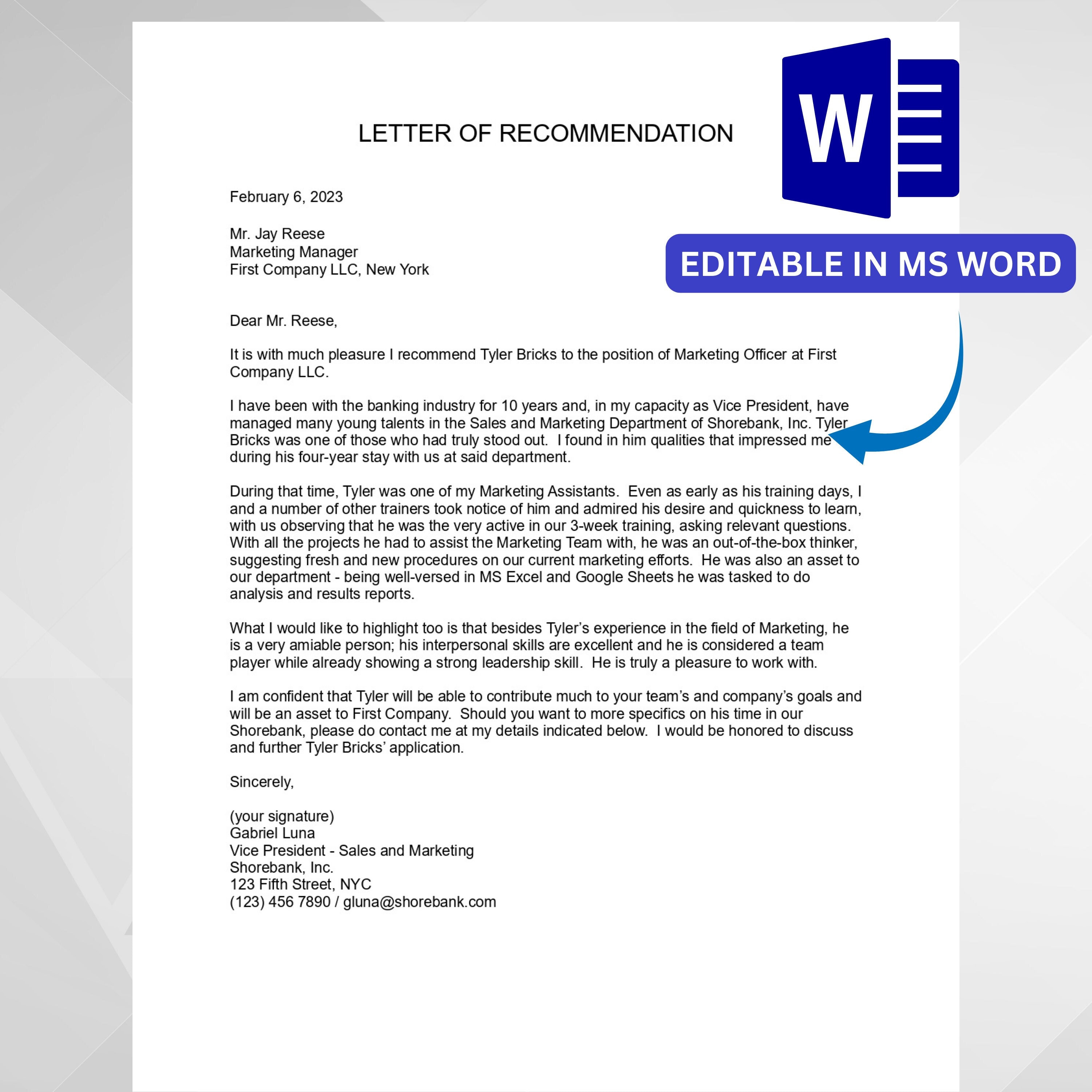 Modello per lettera di raccomandazione professionale, lettera carattere, lettera di raccomandazione per dipendente proveniente da ex supervisore, referenze