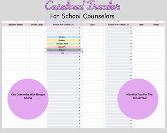 May include: A digital Caseload Tracker spreadsheet for school counsellors. The spreadsheet includes fields for student name, grade level, check-in reasons, and dates. It features customisable Google Sheets integration and monthly tabs for the school year.