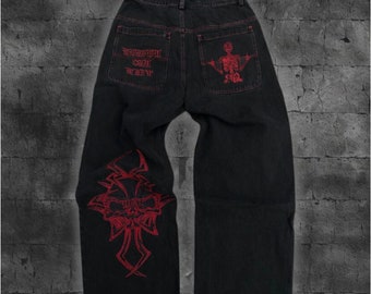 Y2K Baggy Jeans, Retro Skull Embroidery Hose, Washed Baggy Jeans, Hose mit weitem Bein, koreanische Mode, Goth Kleidung