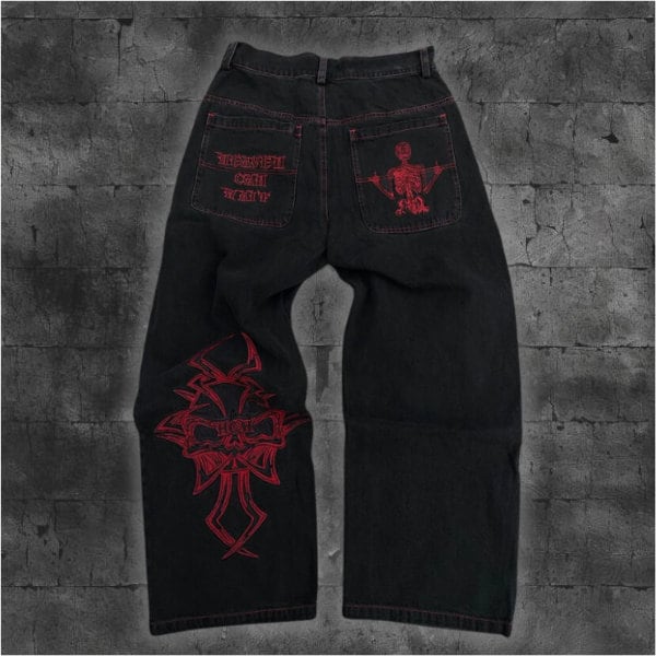 Y2K Baggy Jeans, Retro Skull Embroidery Hose, Washed Baggy Jeans, Hose mit weitem Bein, koreanische Mode, Goth Kleidung