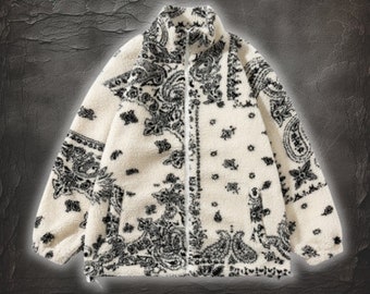 Bandana print fleecejack, oversized jas, winterjas, losse pasvorm, harajuku, Y2K fleecejack, goth kleding