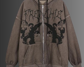 Y2K Engel Print Zip-Up Hoodie, Langarm, Übergroßer Hoodie, Gothic Hoodie, Alt Kleidung, Fairycore