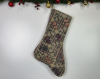 8”x17&quot; kilim stocking, turkish stocking, vintage stocking, boho stocking, turkish rug stocking, handmade stocking, christmas stocking