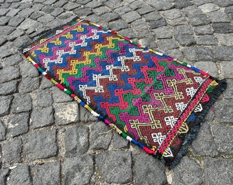 kilim rug, 1.5x3.0 turkish rug, southwestern rug, colorful rug, bath mat rug, carpet, accent rug, southwest rugs, aztec rug, vintage rug