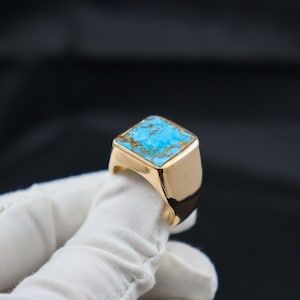 Handmade Copper Turquoise Ring: Princess Cut Signet Jewelry